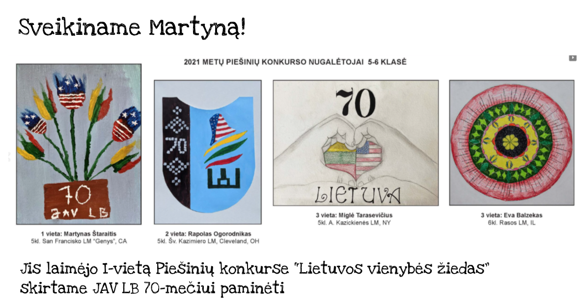 JAV LB Švietimo taryba organizavo  piešinių konkursą “Lietuvos vienybės žiedas” skirtą  JAV LB 70-mečiui paminėti. – mokyklos archyvo vaizdas