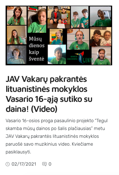 Staipsnis apie lituanistinių mokyklų vasario 16-os dainų projektą. Išsamus ir smagus straipsnis kartu tu SF Genio nuotrauka :) – mokyklos archyvo vaizdas